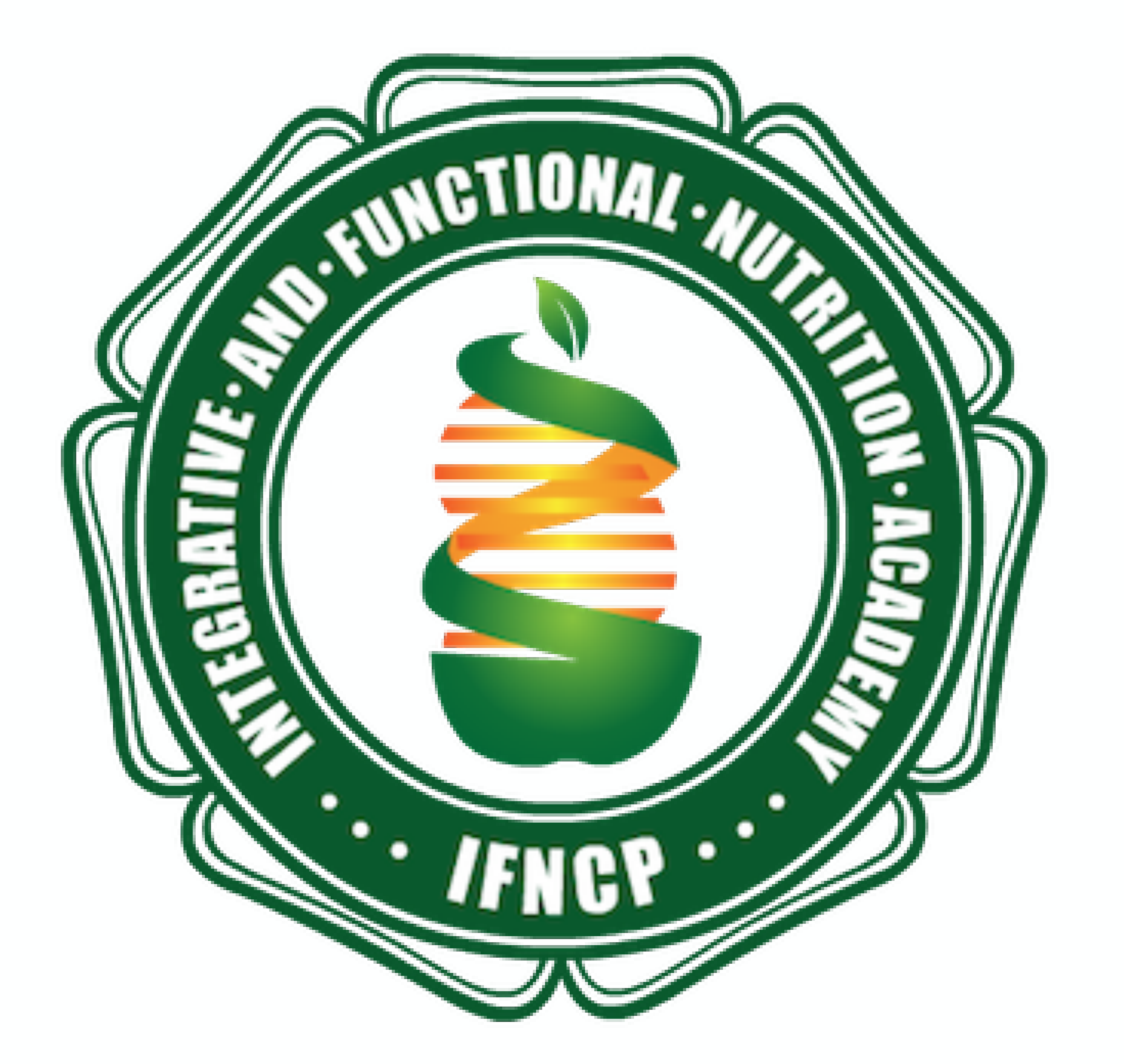 Logo of the Integrative and Functional Nutrition Academy (IFNCP), featuring a green apple wrapped with a double helix, symbolizing healthy living, and surrounded by text in a circular design.