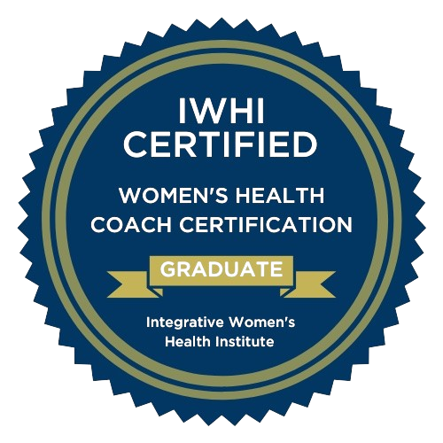 A circular badge with the text "IWHI Certified, Women's Health Coach Certification, Graduate" and "Integrative Women's Health Institute" at the bottom. The blue and gold badge signifies dedication to healthy living and peak performance in women's health coaching.